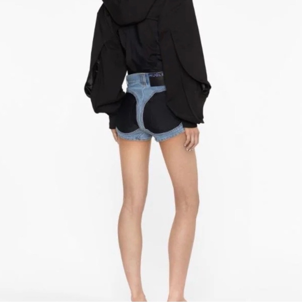 Mugler Light Blue Denim Shorts with Black Circular Back Panels - Picture 3 of 4